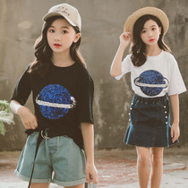 CUHK Tong Short Sleeve T-shirt 2019 Summer Dress New Girl Beads Pure Cotton Parent-child Foreign Air Trendy Blouse