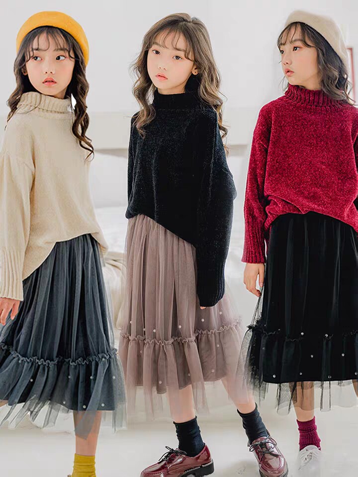 Girl Half Body Dress Autumn Winter New Girl Yarn Dresses Foreign Paise Big Boy Velvet Short Skirt Outside Wearing Princess Long Skirt