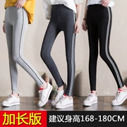 Quần legging cotton dài mùa xuân và mùa hè mỏng mặc kích thước cao chân cỡ lớn quần bên sọc bó sát cao - Quần tây thường