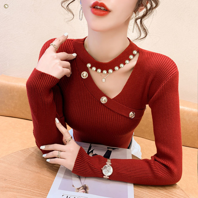 Velvet and thickened halter neck sweater for women 2023 new style niche hollow sweater bottoming shirt with autumn and winter top