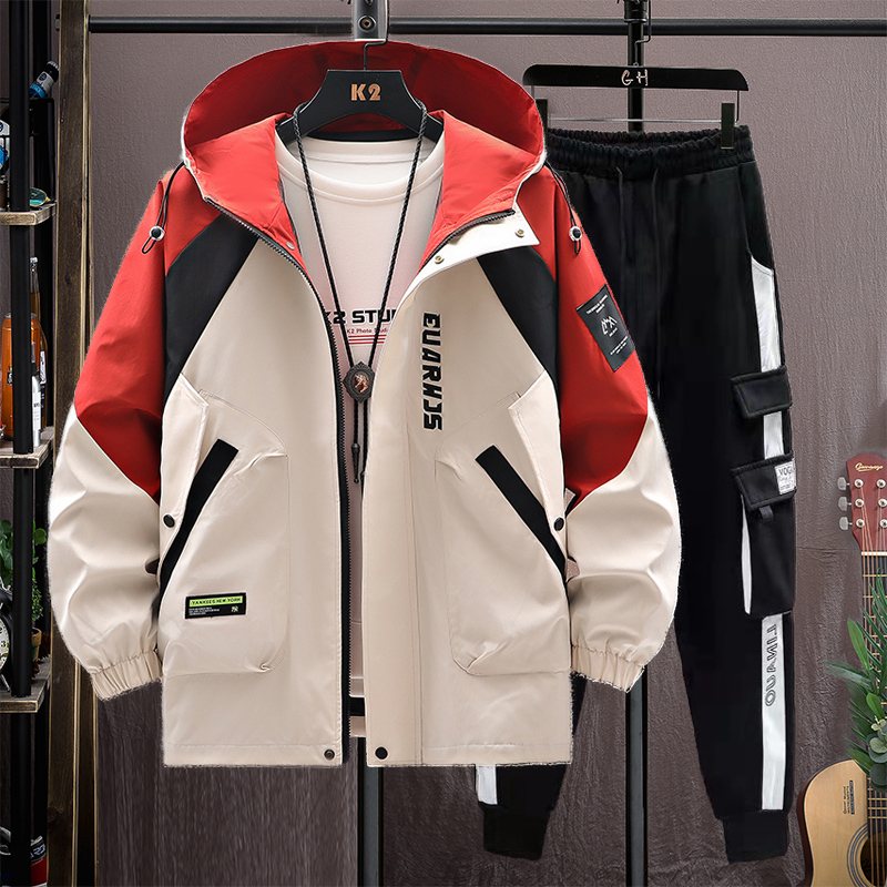 Teenagers' New Spring and Autumn Suit, Hooded Men's Jacket, Stylish and Sporty New Versatile Student Two-Piece Set