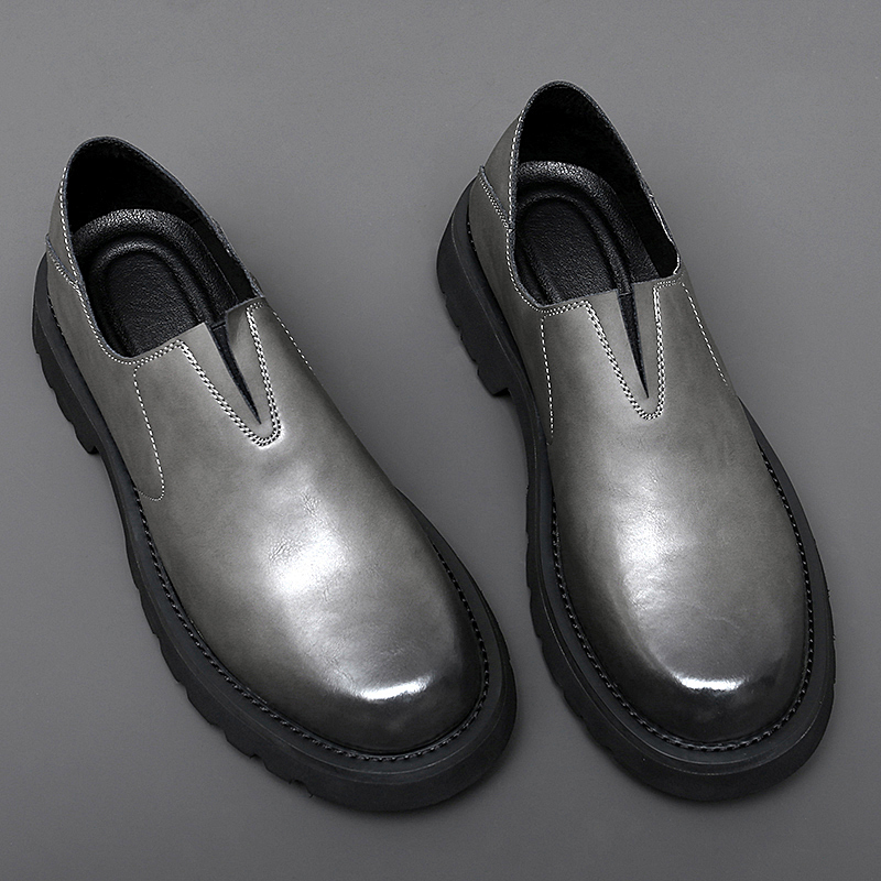 Men's Shoes for Autumn, Slip-On Height-Increasing Soft-Soled Loafers, British Style Genuine Leather Men's Business Casual Large-Toe Shoes