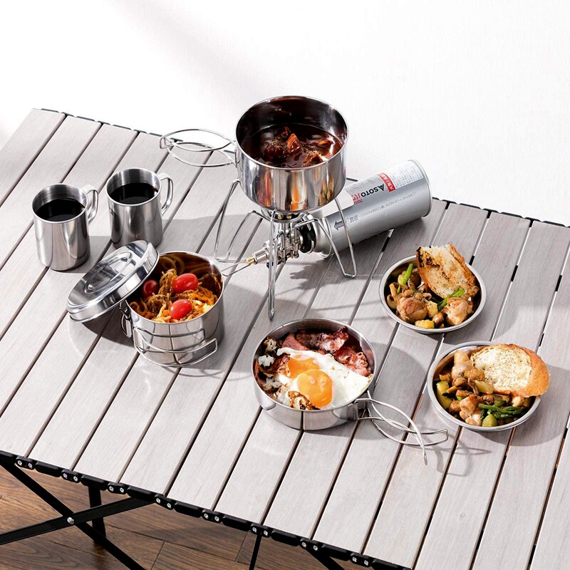 Stainless steel 8-piece pot outdoor travel portable combination lunch box field self-driving outing 6-piece water cup plate