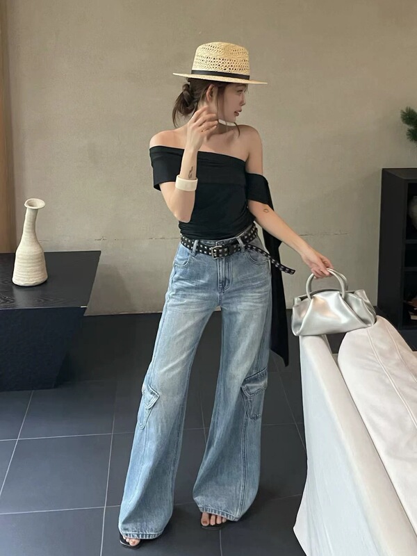 Cm8-02 American-Style Washed Work Pants for Women, Deconstructed Wide-Leg Pants with Split Arc Lines and Large Pockets, Straight-Leg Jeans