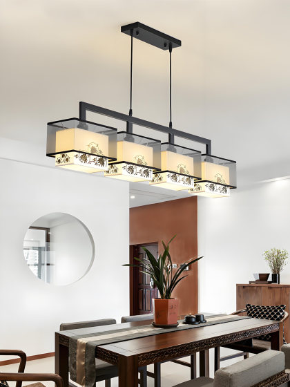 New Chinese restaurant chandelier iron fabric lampshade long study bar table lamp simple modern tea room book chandelier