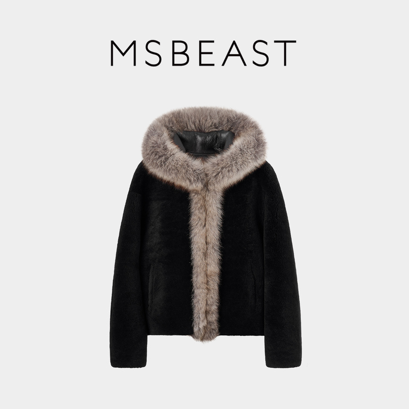 Msbeast Drop-Shoulder Hooded Fur Coat with Fox Fur Trim and Merino Shearling Integrated Fur for Winter |   Snow Velvet Beauty