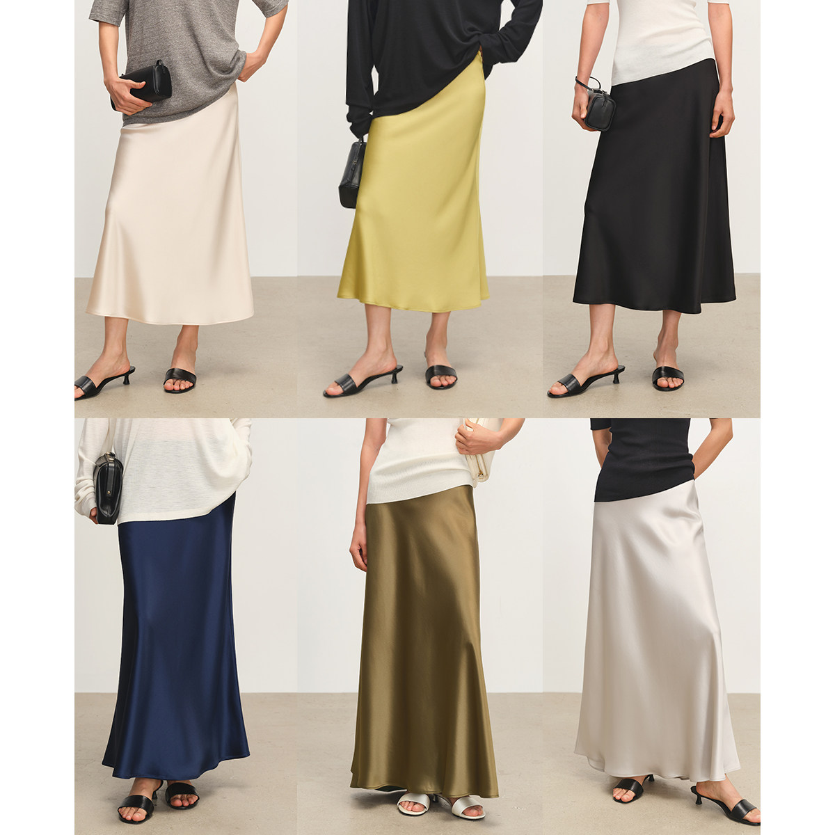 MSBEASTのマストハブアイテム「ラディアントスカート」 - 日本製トリアセテートミディスカート、45°バイアスカットAラインミディスカート、きらめくサテン仕上げ。