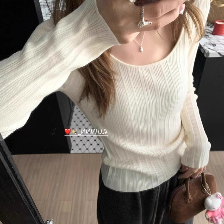 Trendy U-Neck Knit Long-Sleeve T-Shirt with a Large Neckline, Slim Fit, Base Layer, Ribbed Design, 2026 Spring and Autumn