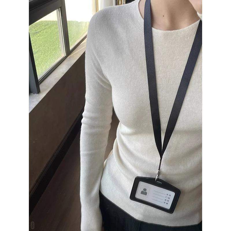 White Slim-Fit Knit Long-Sleeve T-Shirt for Women, Spring and Autumn Tight-Fitting Base Shirt, Round Neck Pullover, Paper-Thin Top