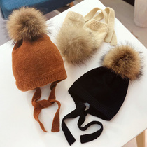 Warm childrens wool hat autumn and winter baby super large raccoon hair ball ear protection baby cashmere knitted cap cap