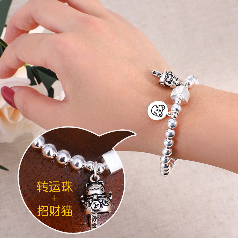 999 pure silver handmade women's sen department brief round pearl palace bell zodiac zodiac zodiac and cat custom transfer pearl silver decoration