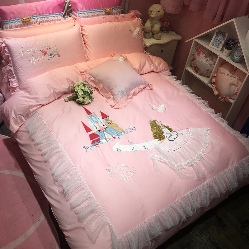 Pink girl princess room 13372 cotton active cloth sticker embroidery four-piece set of children's cartoon single double bed