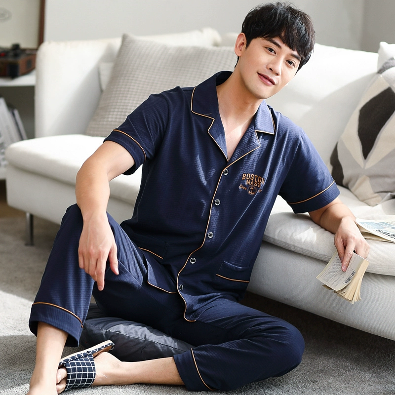 Mùa hè rắn màu đơn giản ve áo pyjama cho nam giới cỡ lớn cotton nguyên chất ngắn tay dịch vụ tại nhà cho nam giới trẻ quần tây mỏng phù hợp với - Pyjama