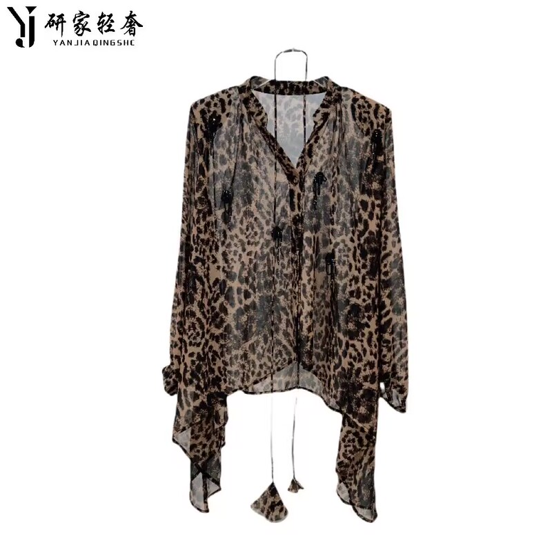5709 Yanjia Light Luxury Fashionable V-Neck Beaded Leopard Print Tie-Waist Irregular Hem Shirt Top