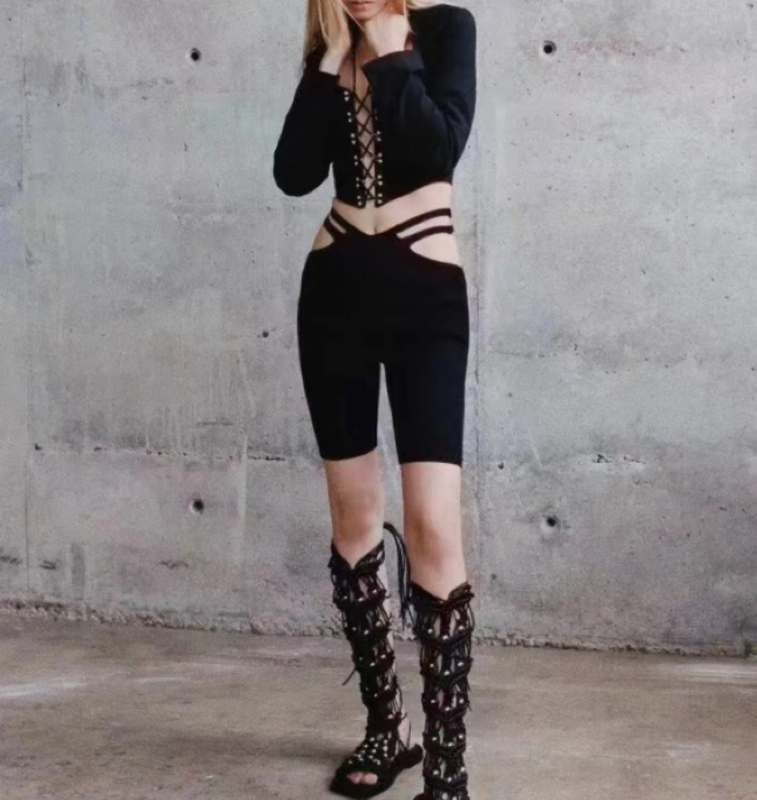 Belt Buttoned Motorcycle Stretch Pants!!! Ribbed Knitted Shorts