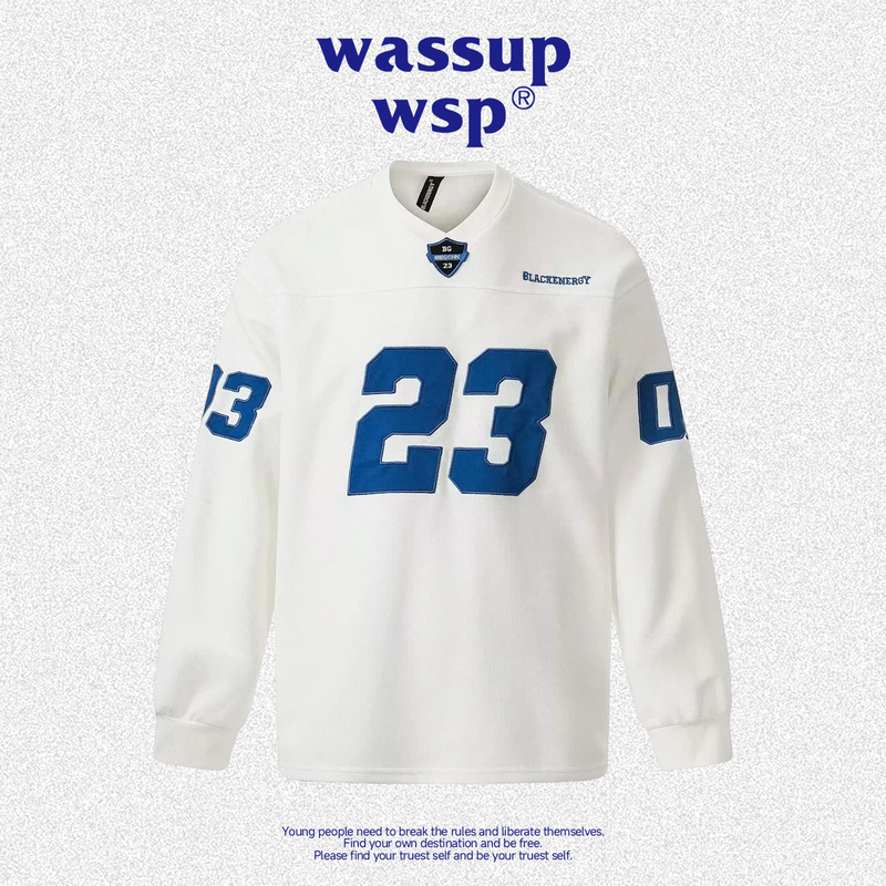 Wassup American Retro Digital Embroidery Long-Sleeved T-Shirt for Men and Women, Loose Sports Jersey, Trendyy Casual Couple Shirt