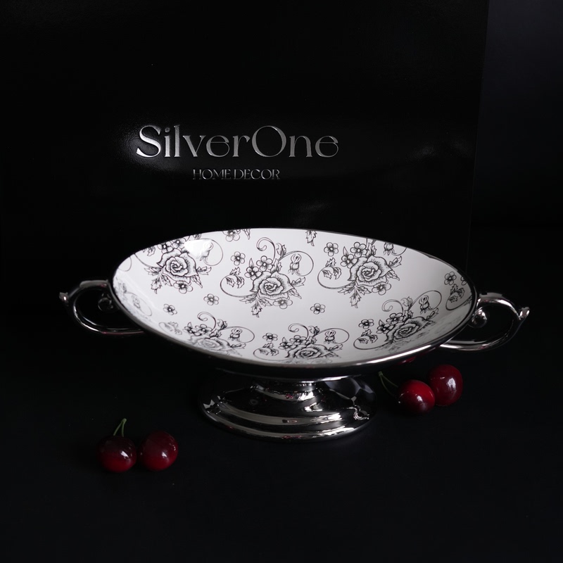 Silverone French Retro Style Silver Rose Pattern Ceramic Fruit Plate Living Room Coffee Table Tall Plate Ornaments Silverone French Retro Style Silver Rose Pattern Ceramic Fruit Plate Living Room Coffee Table Tall Plate Ornaments