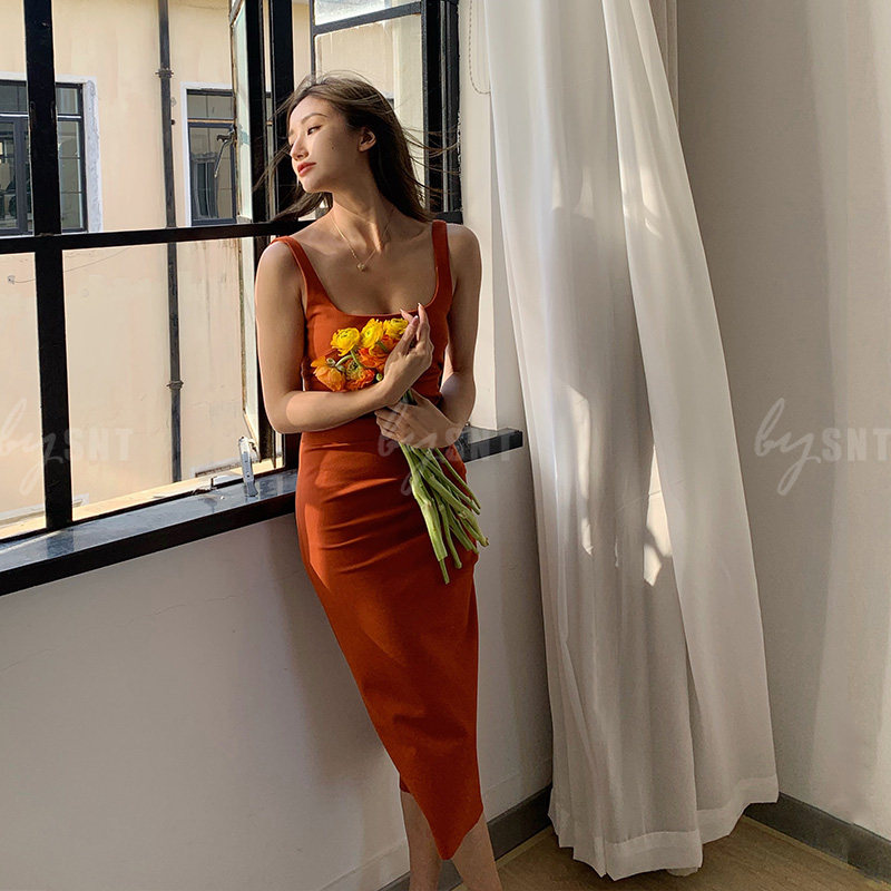 SNT Ace orange backless sleeveless waist slim suspender skirt long skirt summer suspender skirt