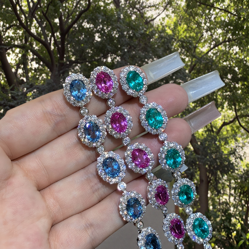 High-Quality Noble S925 Silver Egg-Shaped 6*8 Cultured Colored Gemstone Tennis Bracelet with a Light Luxury and High-End Feel High-Quality Noble S925 Silver Egg-Shaped 6*8 Cultured Colored Gemstone Tennis Bracelet with a Light Luxury and High-End Feel