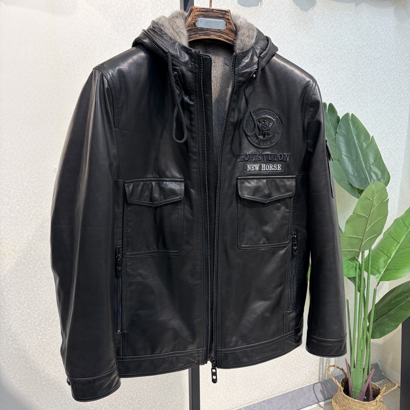 2025 New Genuine Leather Jacket for Men, Short Mink-Lined Goatskin Jacket, Fashionable Hooded Leather Jacket
