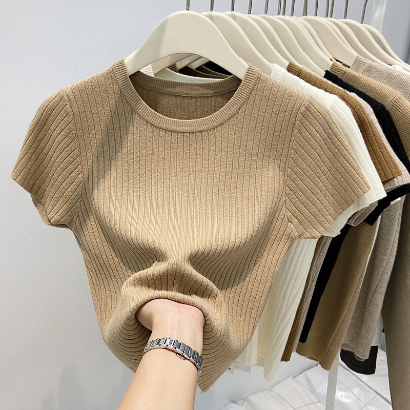 Knitted Short-Sleeve T-Shirt for Women, Autumn Ribbed Design, Niche Short Half-Sleeve Round Neck ins Unique Top for Petite Figures Knitted Short-Sleeve T-Shirt for Women, Autumn Ribbed Design, Niche Short Half-Sleeve Round Neck ins Unique Top for Petite Figures