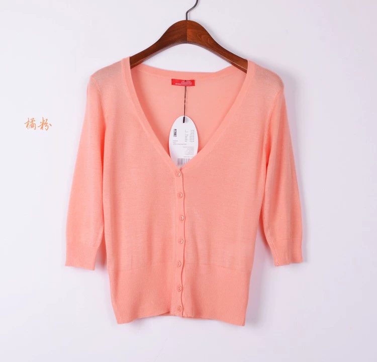 Miễn phí vận chuyển 2020 Mùa hè đơn giản ngắn Slim dài tay áo cardigan 7 điểm tay áo dệt kim mỏng áo chống nắng áo sơ mi điều hòa không khí nữ - Cardigan