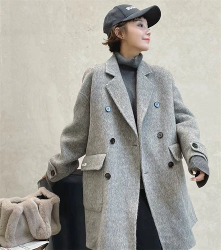 Демисезонное длинное двусторонное кашемировое шерстяное шерстяное пальто, европейский стиль, средней длины, свободный крой