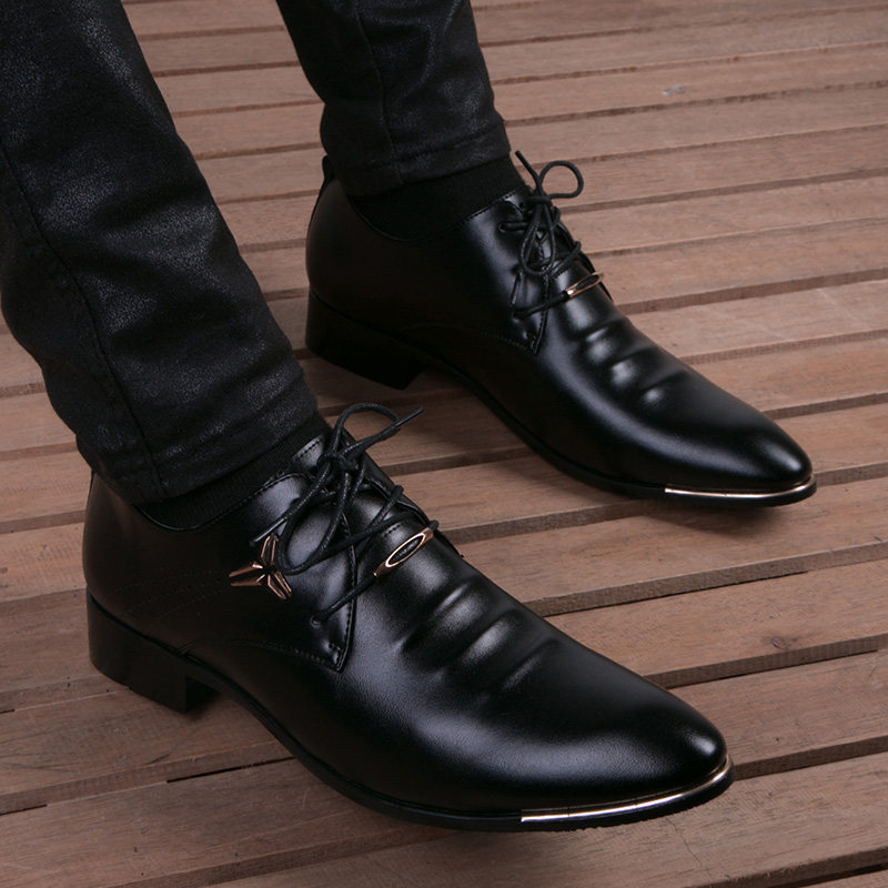 Inner heightening young men's leather shoes Korean version Business casual men's shoes Summer breathable Inron Pointed Hair Stylist Leather Shoes