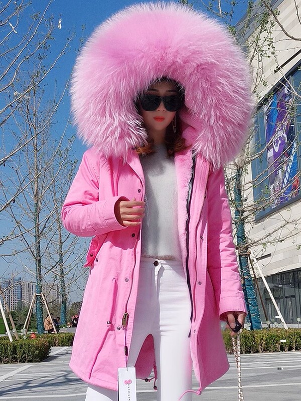 Zhou Dongyu Style Fur Pink Large Fur Collar Mid-Length Parka Coat, Extra-Long Over-The-Knee Coat for Women in Winter Zhou Dongyu Style Fur Pink Large Fur Collar Mid-Length Parka Coat, Extra-Long Over-The-Knee Coat for Women in Winter