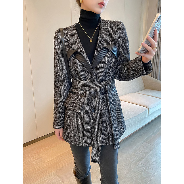 PINKEEN black herringbone pattern woolen coat women's 2022 autumn and winter new high-level chic temperament woolen coat