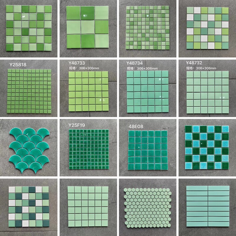 Green and Turquoise Ceramic Mosaic Tiles, Long Strip Fan-Shaped, for Bathroom, Ice Crack Decoration, Kitchen, Swimming Pool, Balcony