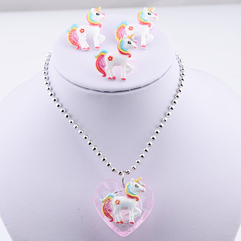 Children Shine Cartoon Necklace Suit Unicorn Sparkling Pink Pony Ring Earrings Pendant Neck Flash Pendant Female Princess