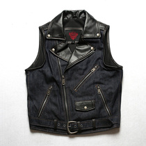 Leather splicing denim vest men and womens lapel zipper head layer cowhide embellishment club locomotive suit vest men