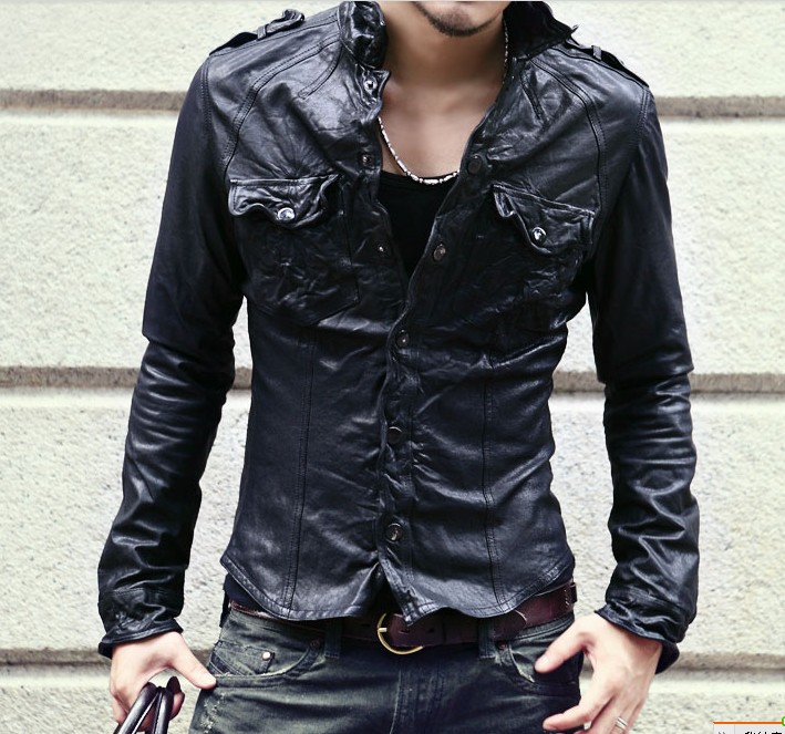 Lapel washed pleated sportsman Korean version of the British slim leather shirt Single breasted leather shirt Sheepskin leather jacket