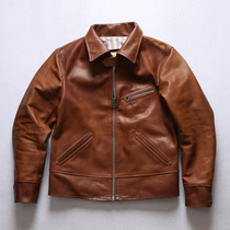 2021 Mens leather head layer horse leather leather jacket locomotive suit lapel slim body oil wax vegetable tanned horse leather casual jacket