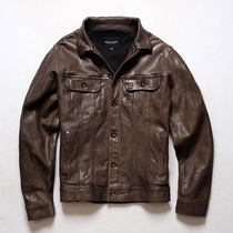 New Japanese vintage old mens coat full plant tanning head layer sheepskin water dyed denim jacket leather leather leather men