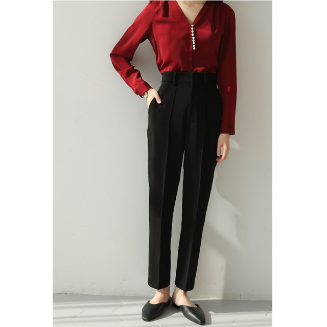 SSSTUDIO commuter black mid-line suit pants with high waist, slim and drapey, small feet, nine-point casual pants for women in spring and summer