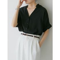 SS STUDIO black V-neck short sleeve shirt female design sense niche summer drop thin loose shirt top
