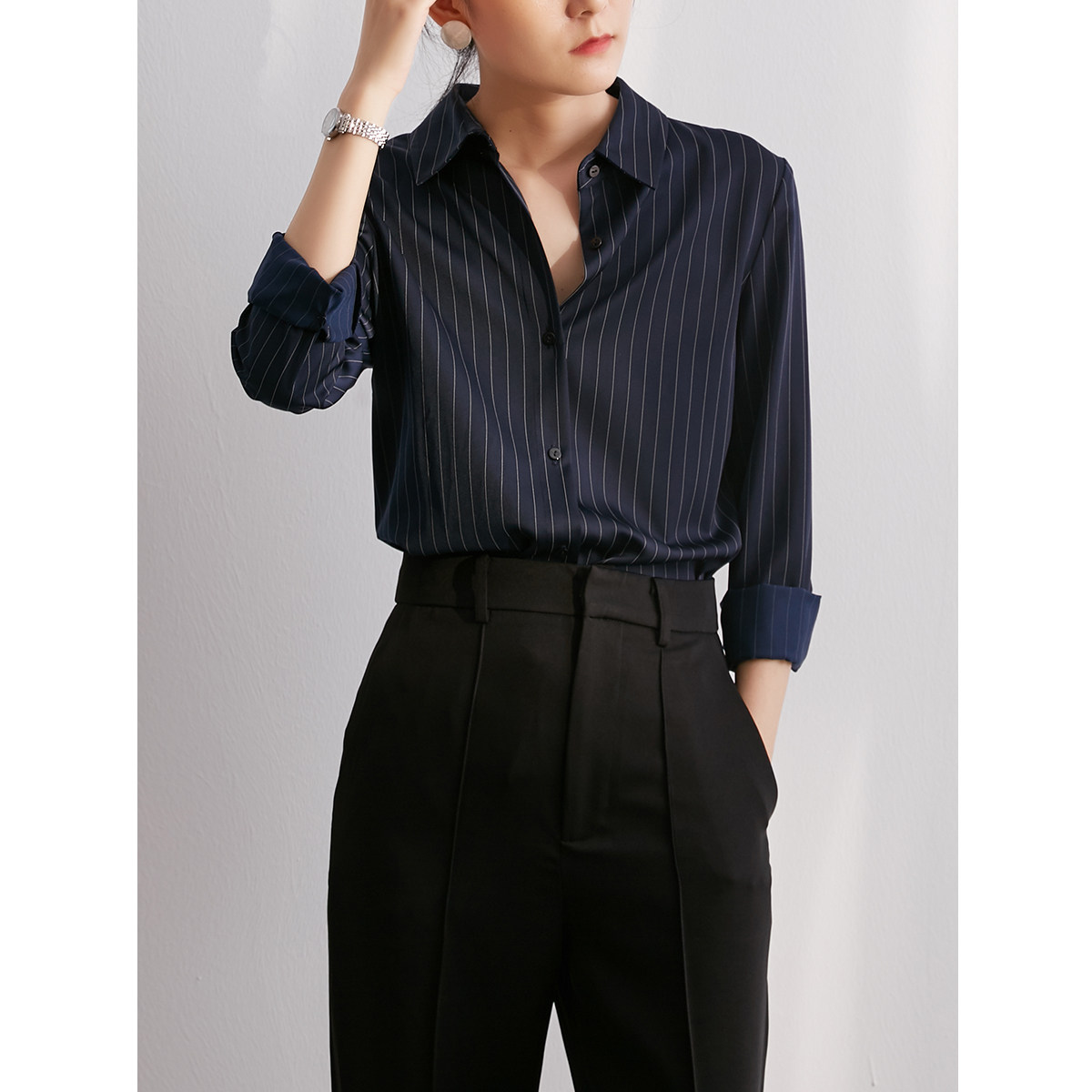 SS STUDIO shirt female design sense niche temperament professional blue commuter vertical stripe long-sleeved shirt spring