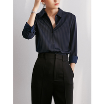 SS STUDIO early autumn commuter blue vertical striped shirt female design sense niche temperament professional long sleeve top