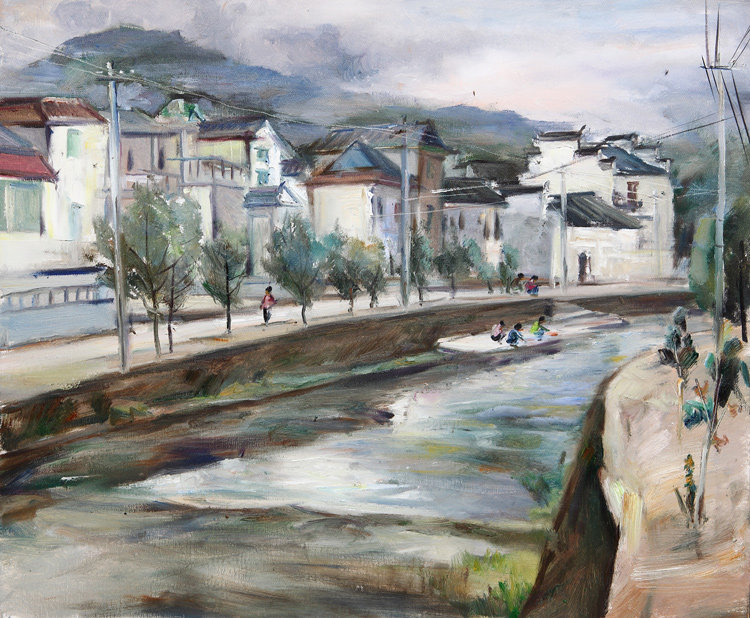 Beauty House painter original emblems Scenery Oil Painting Works Small Bridge Flowing Water People Jiangnan Waterland Scenery Oil Painting