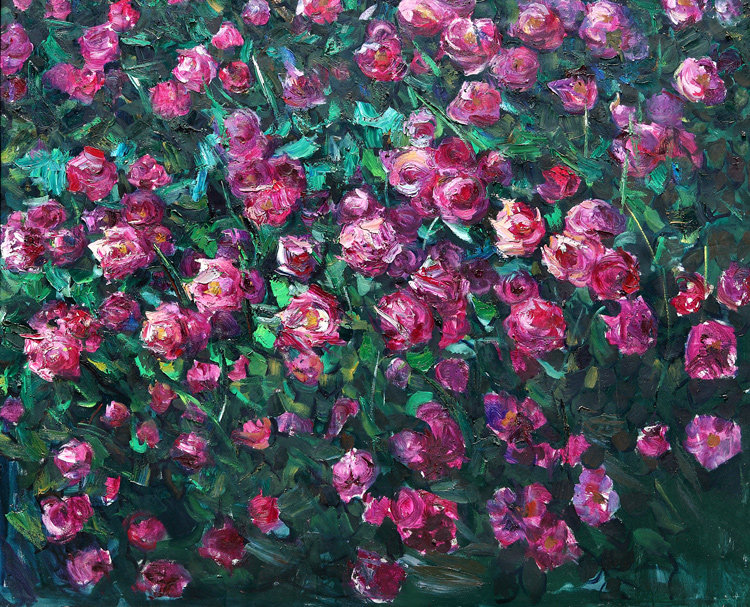 布面油画玫瑰花园100x1cm 美院学生作品原创花卉油画玄关挂画