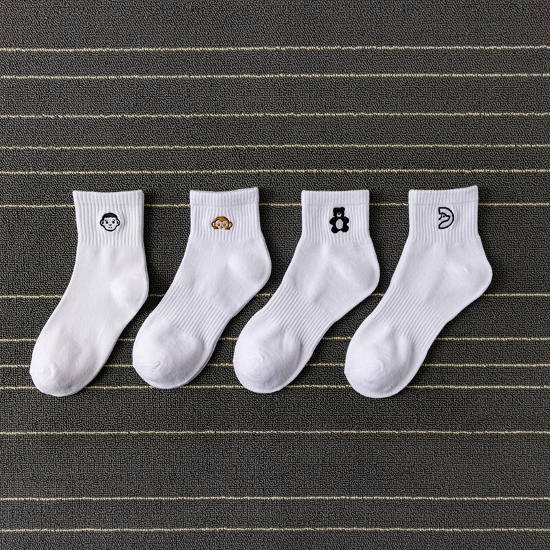 White Socks for Men, Mid-Calf Length, Summer ins Trendy Thin Style with Cartoon Patterns, Breathable Mid-Rise Short Socks, Cute