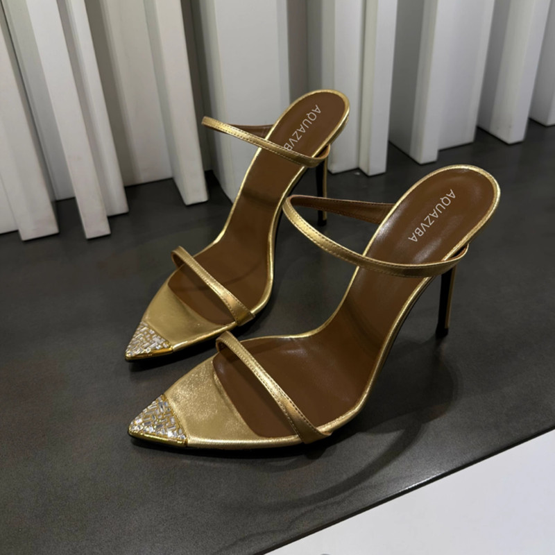 European and American Pointed-Toe High Heels, Stiletto Heels, Rhinestone Gold Open-Toe Sexy High-End Style, Elegant One-Strap Fashion Sandals for Women