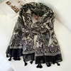 New soft voile cotton and linen feel scarf black blue and white porcelain tassel travel sun protection shawl silk scarf for women