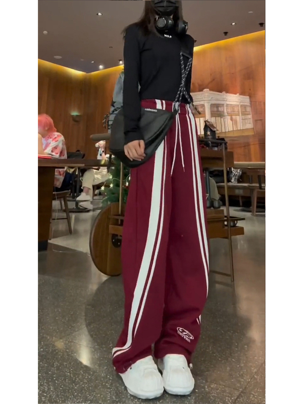 Designed American-Style Drawstring Sports Pants for Women, Summer Thin Trendy Brand Red Wide-Leg Straight Drape Casual Pants