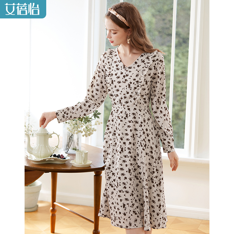 French-Style V-Neck Floral Chiffon Drapey Long-Sleeve Dress for Women, New Autumn Slim-Fit Elegant Long Dress