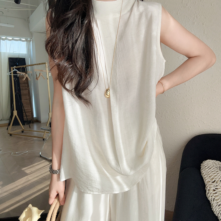 Summer Relaxed Style Set, Mature Style Sleeveless Top, Rayon Linen Two-Piece Set, Lazy Style Elastic Waist Wide-Leg Pants Summer Relaxed Style Set, Mature Style Sleeveless Top, Rayon Linen Two-Piece Set, Lazy Style Elastic Waist Wide-Leg Pants