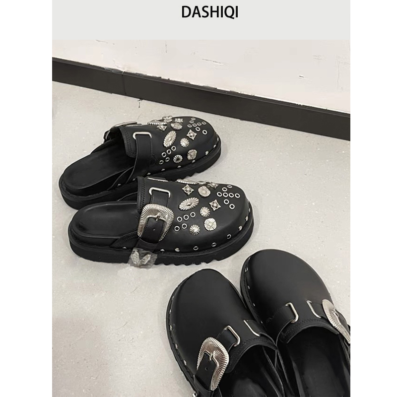 Mona Same Style Shoes 2025 New Retro Closed-Toe Half Slippers for Women, Outdoor Wear, Studded Casual Genuine Leather Thick-Soled Mules