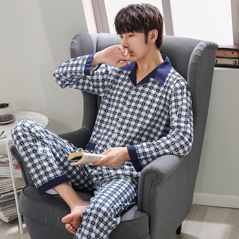 Mens đồ ngủ dài tay áo bông cotton cardigan bộ pajama mỏng bông trung niên bông trẻ nhà quần áo.